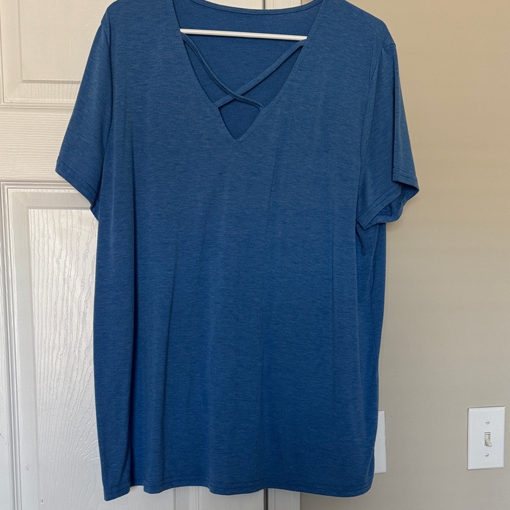 Crisscross V-Neck Short Sleeve Tee - Blue